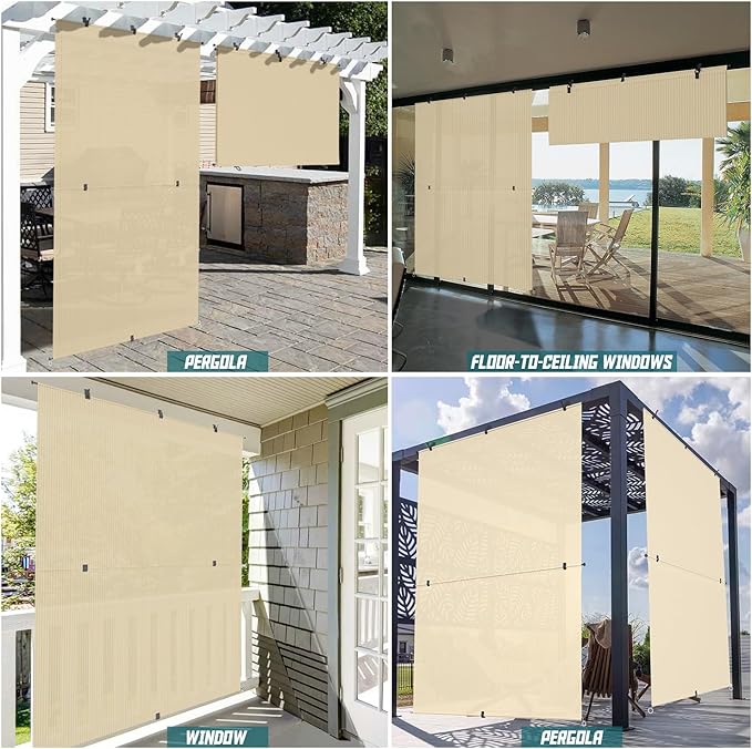 Bynbbur 8'W x 6'H Outdoor Patio Shades Foldable Roller Blinds, 220 GSM Sun Shade Roll Up Porch Screens Exterior Shade Cloth for Deck Pergola Backyard, Beige