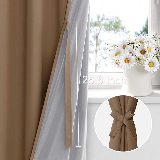 XWZO 100% Blackout Curtains 2 Panels with Tiebacks- Extra Wide Heat and Full Light Blocking Window Treatment with Grommets for Bedroom/Nursery, Cappuccino, W60 x L84 Inches Long, Set of 2