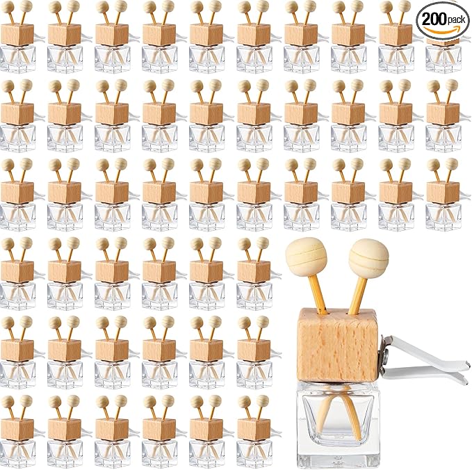 Zubebe 200 Pcs Car Diffuser Bottles Empty Bulk Vent Clip Car Air Freshener Diffuser for Essential Oil Perfume Glass Bottle with Wooden Caps Stick Fragrance Ornament (Clear)