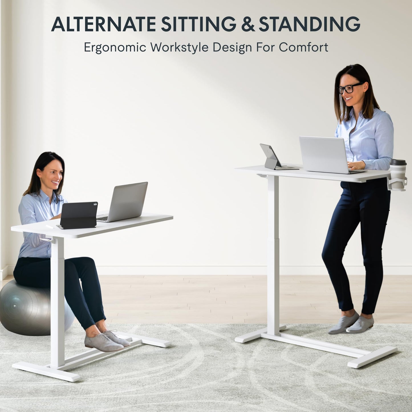 FLEXISPOT H7 Adjustable Overbed Bedside Table with Wheels Pneumatic Mobile Standing Laptop Desk Rolling Computer Cart Movable Overbed Table Hospital Home Use (31.5" W x 17.7" D, White Large)