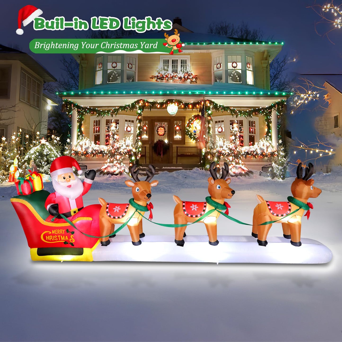12 FT Christmas Inflatables Outdoor Decorations Santa Claus on Sleigh, Blow Up 3 Reindeers Pulling Santa's Sleigh with Gift Boxes, Built in LED Lights for Christmas Party Decor, Yard, Garden Lawn