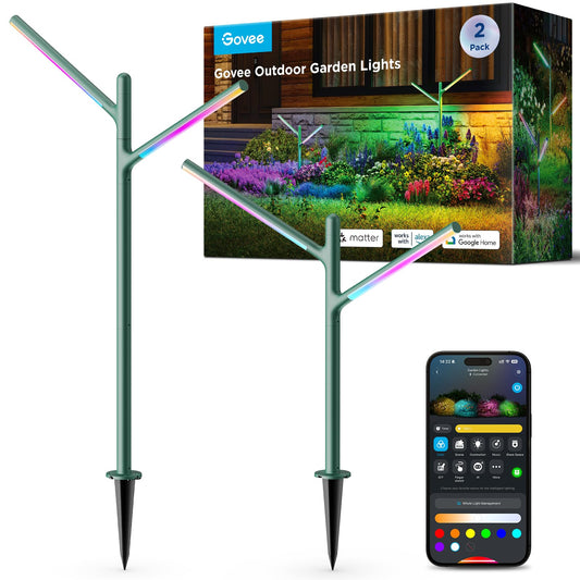 Govee Outdoor Garden Lights 2 Pack, RGBWWIC Smart LED Pathway Lights for Garden Decor, 16 Million Colors and 64 Scenes, IP66 Waterproof Outdoor Lamps for Patio, Porch, Work with Alexa, Matter, Green
