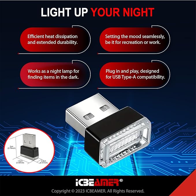 ICBEAMER USB Interface Miniature Night Light 1-Pack (Blue) | Universal Plug-in LED for Car Interior and Trunk Ambient Atmosphere