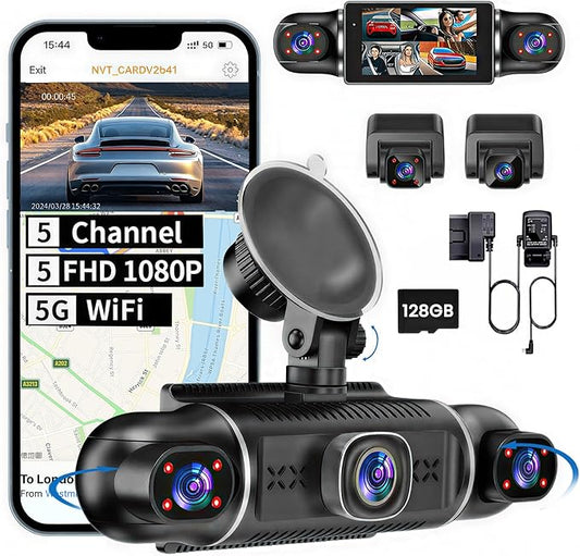 5 Channel 1080P*5 Dash Cam Front Rear Left Right Cabin with OBD2 Power Cable, 360° Coverage Dash Camera for Cars with 128GB SD Card, 5G WiFi & App Control, G-Sensor, 24H Parking Mode, Loop Recording