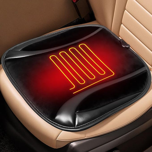 Car Seat Cushion for Driving - Soft Plush Front Seat Cover for Car, Truck, SUV, Office Chair, Wheelchair | Adjustable Straps & Anti-Slip Bottom | Comfortable (Black- Leather)
