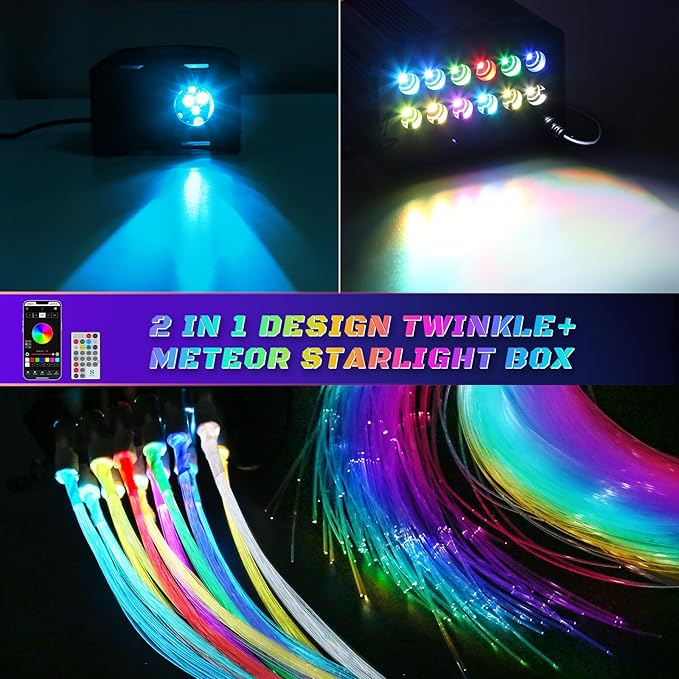 Car Starlight Headliner Kit, 16W Twinkle & Meteor Star Ceiling Lights, 2 in 1 Fiber Optic Light Engine 800pcs*0.02in*9.8ft+240 RGBW Shooting Stars Lights for Car Home Roof Décor