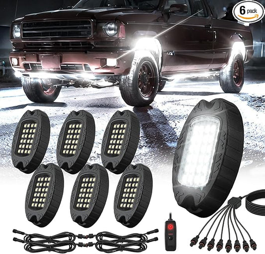6 Pods Metal LED White Rock Lights for ATV SUV UTV RZR Car Trailer Truck Offroad, Alloy 6000K 24 LEDs Pure White Neon Underglow Light with Switch Extension Harness Under Trail Rig Fender Lighting
