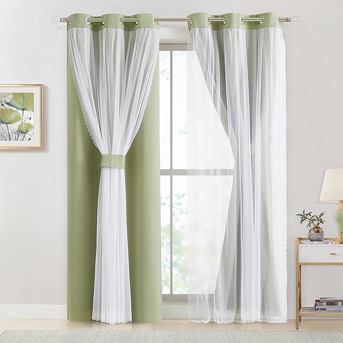 Bujasso Sage Green Blackout Curtains with Sheer Overlay Mix and Match Double Layer 90% Room Darkening Window Panels 95 inch Living Room Bedroom Green Drapes with Tiebacks Grommet Top 37" Wx95 Lx2