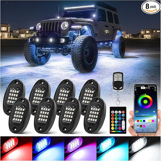 8 Pods Segmented RGB LED Rock Lights for Trucks Golf Cart Offroad Pickup SUV UTV, 12V Waterproof Underglow Lights Kit with APP/RF Multi Zone Control, Neon Multicolor Underbody Light with Brake