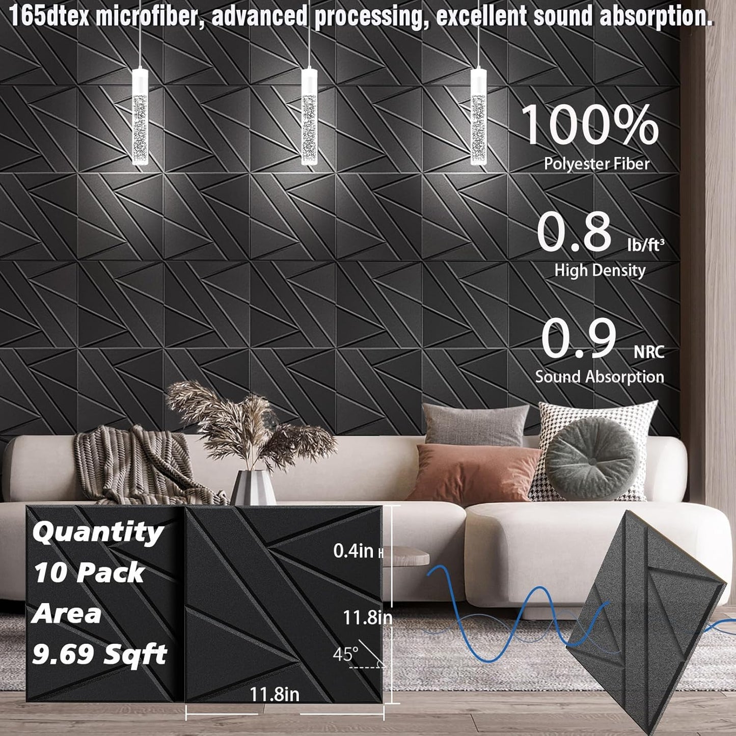 【10 Pack】 Acoustic Panels Self-Adhesive (0.4" Thick | 0.8lb/ft³ Medium Density) - 12x12 Soundproof Foam Tiles for Home Office/Wall Sound Absorption, Noise Reduction Panels Studio Use - Black