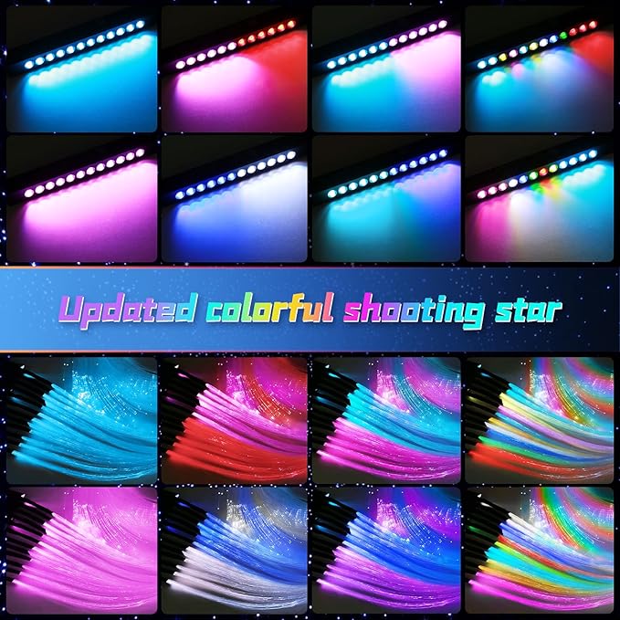 Split Car Starlight Headliner Kit, 4 Colors 12W Meteor Fiber Optic Starlight Kit, 1000pcs*0.02in*9.8ft+240 RGBW Sound Activate Shooting Star Lights for Ceiling Car Roof/Home Decor