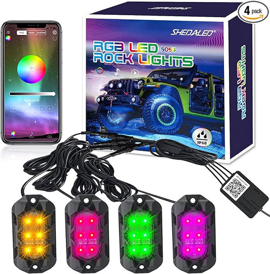 Car RGB LED Rock Lights Kit, 4 Pods High Bright Multilcolor Underglow Neon Lights with APP & Music Mode, IP68 Waterproof Rock Light for Trucks, Cars Decorative Accessories