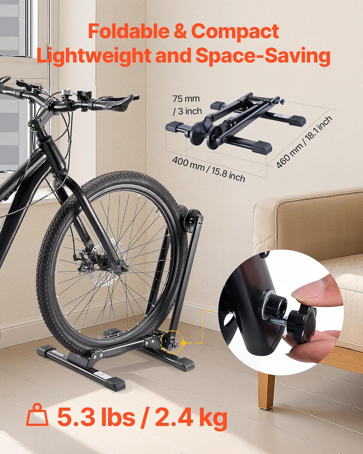 VEVOR Bike Racks 2 Pack, Fits 20 to 29 Inch Mountain & Road Bikes, Alloy Steel Rust-Resistant Bike Floor Stand Rack, Foldable Bicycle Stand for Entryway, Garage, Home Bikes Parking & Storage, Black