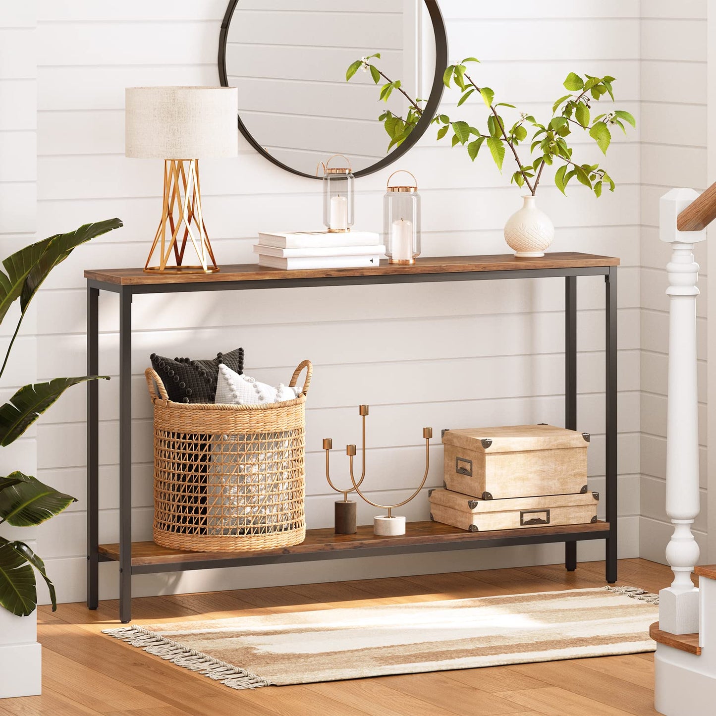 HOOBRO Console Table, 47.2" Narrow Entryway Table, Industrial Sofa Table with Shelf, Entrance Table for Living Room, Hallway, Foyer, Corridor, Office, Metal Frame, Rustic Brown and Black BF20XG01G1