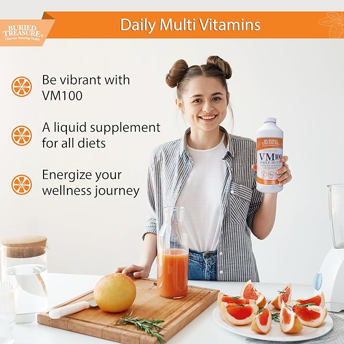 Buried Treasure VM100 Complete Daily Liquid Vitamins and Minerals plus Antioxidants Supplement for Maximum Absorption Great Tasting Orange Zest Flavor 32 Servings 32 Ounce
