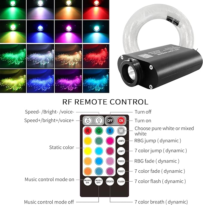 ATOKEE 16W Mixed 295pcs 9.8ft Fiber Optic Lights, Sound Activated Starlight Headliner Kit for Car Home Ceiling Decor, Controlled Via Bluetooth App / 28-Key RF Remote