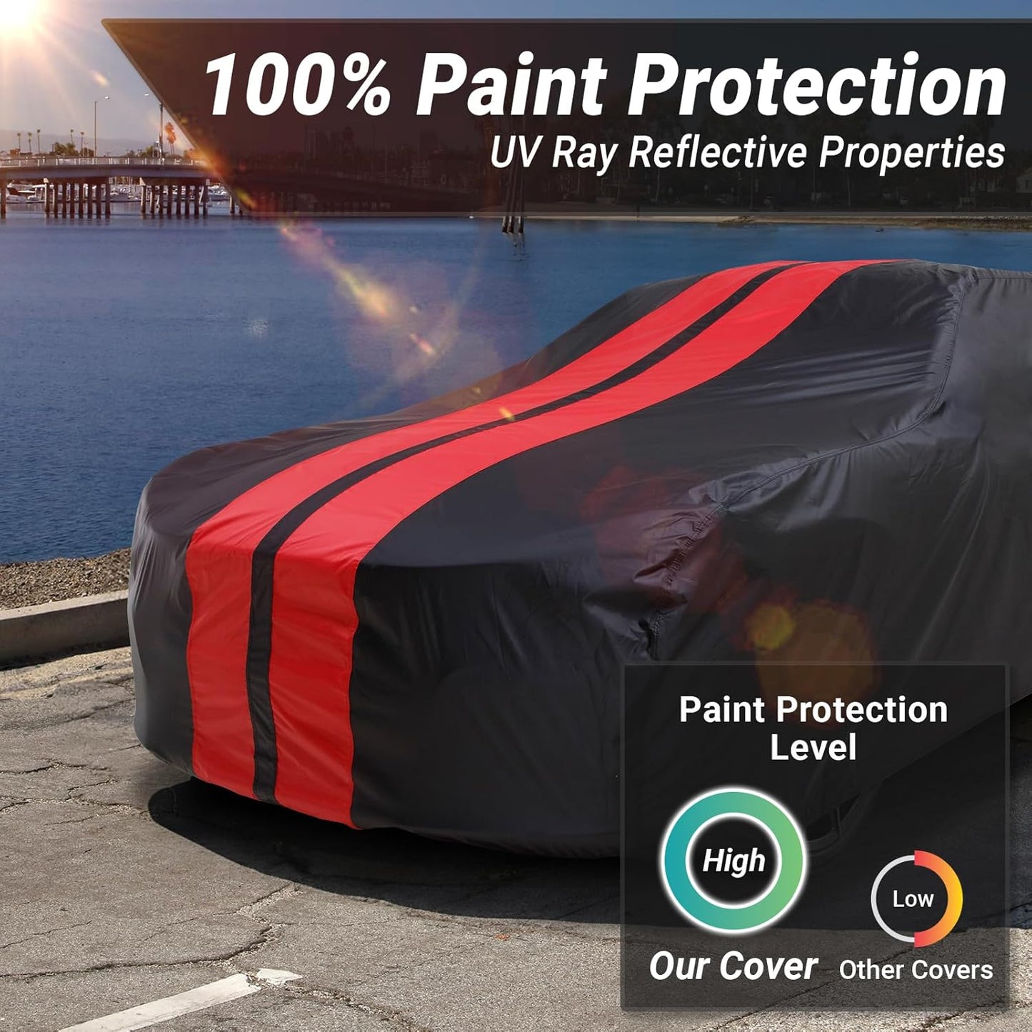 iCarCover Custom Car Cover for Pontiac Lemans Wagon (1978-1981) Waterproof All-Weather Rain Snow UV Sun Protector Full Exterior Indoor Outdoor Car Cover (Stripe - Black/Red)