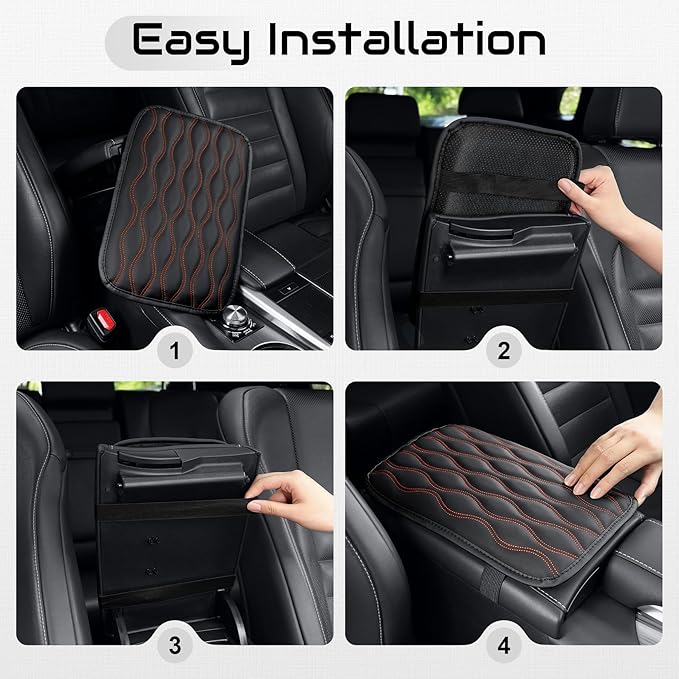 Amiss Auto Center Console Pad, Universal Waterproof Armrest Seat Box Cover, Car Interior Accessories, Leather Auto Armrest Cover Protector for Most Vehicle, SUV, Truck (Orange-Line)