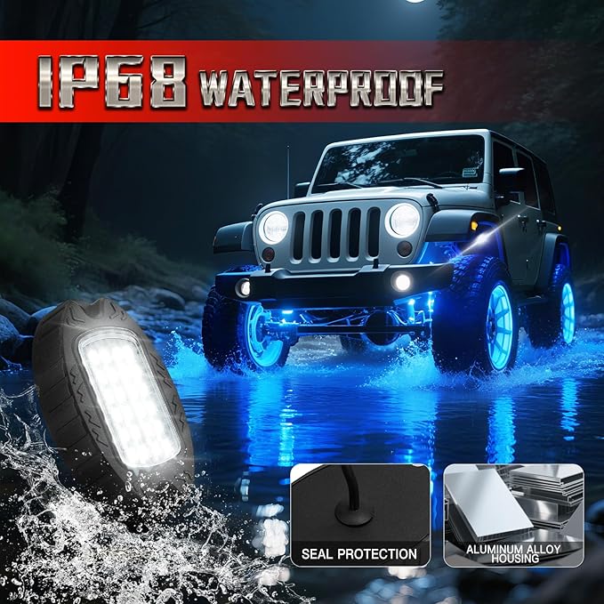 4 Pods Alloy RGBW Rock Lights，LED Upgraded RGB Underglow Lights for ATV UTV Golf Cart Truck RZR SXS Offroad Jeeps, IP68 Waterproof Metal Multicolor Underglow Kit with APP/RF Remote Music Mode,12V