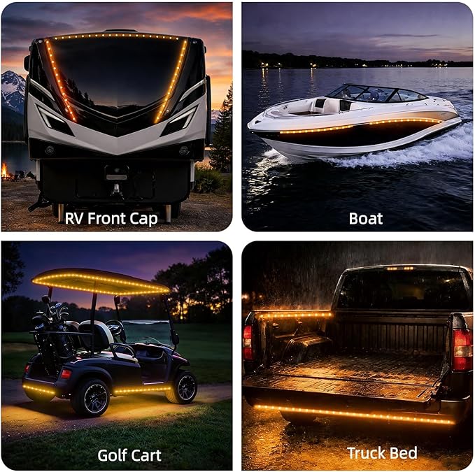 12V Marine Boat LED Light Strip Super Bright, 2 Pack 2FT IP68 Fully Waterproof RV Front Cap Lights, Golf Cart Underglow Roof Lights Strip for Truck ATV UTV SUV Car Pickup Trailer, Cuttable, Amber