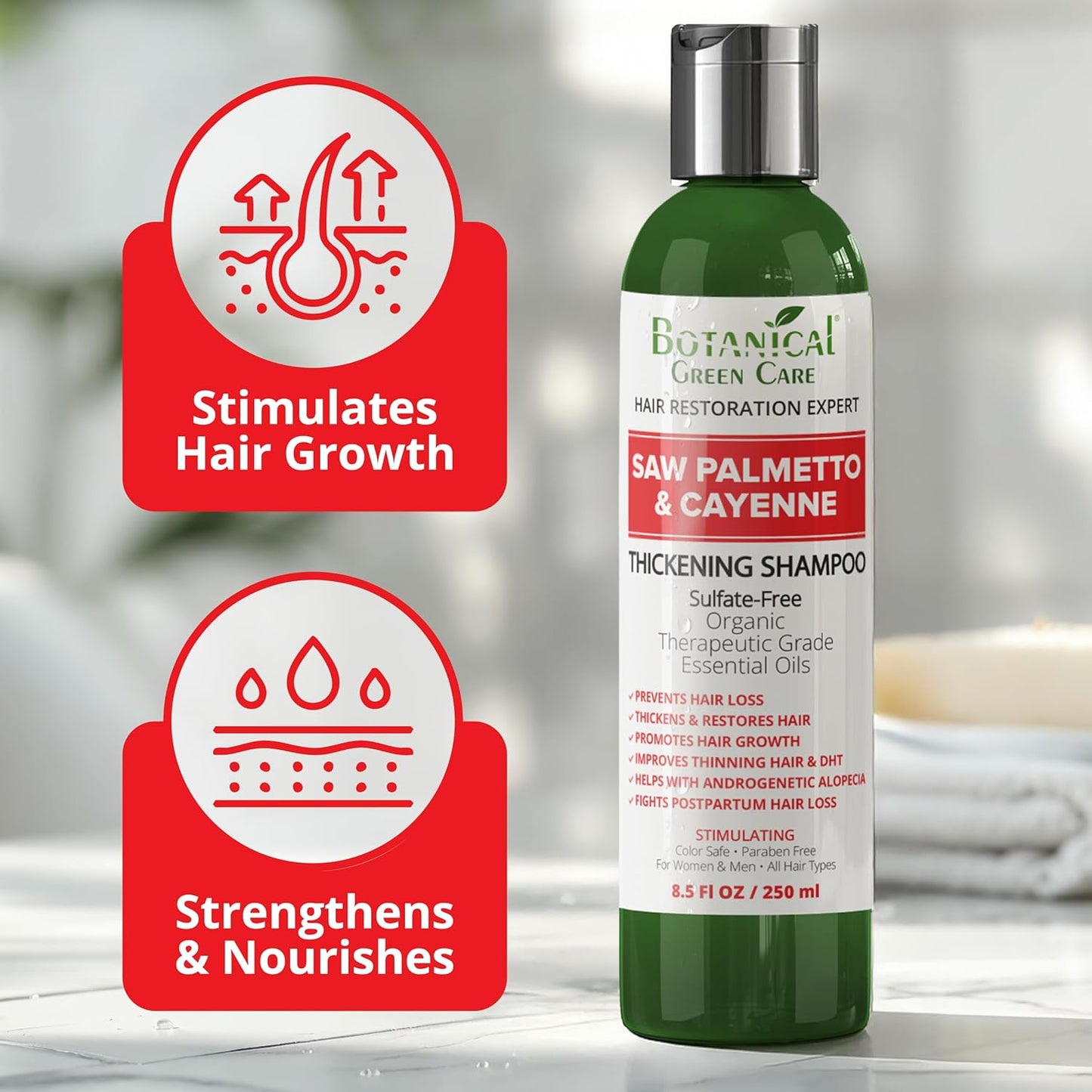 Saw Palmetto & Cayenne Shampoo, Thickening shampoo for thinning hair, sulfate free. Made in USA