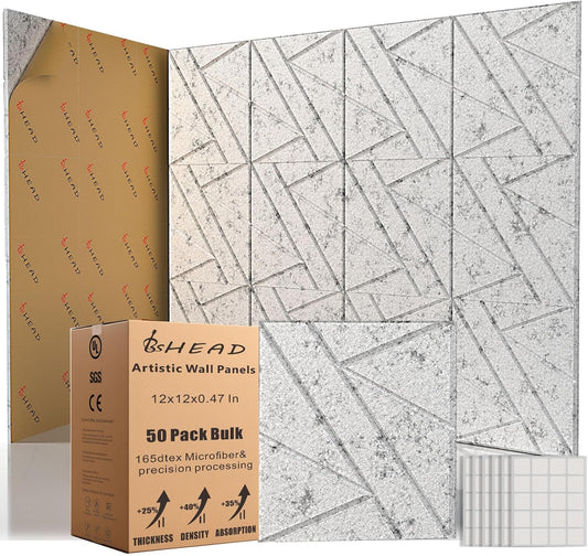 50 Pack Bulk Self-Adhesive Soundproof Wall Panels, 12 x 12 x 0.47 In Sound Proof Foam Panels for Walls, 1.2lb/ft³ High Density, Thicker 0.47in, Acoustic Panels, Duty for Large Walls Gray