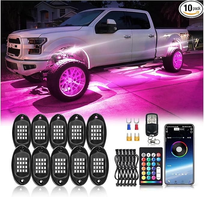 Segmented RGB LED Rock Lights Kit with APP/RF Remote Control, Multicolor 10Pods Underglow Neon Light Waterproof 12V Underbody Brake Light Fender Lights for Jeep Golf Cart Trucks Pickup ATV UTV RZR SXS