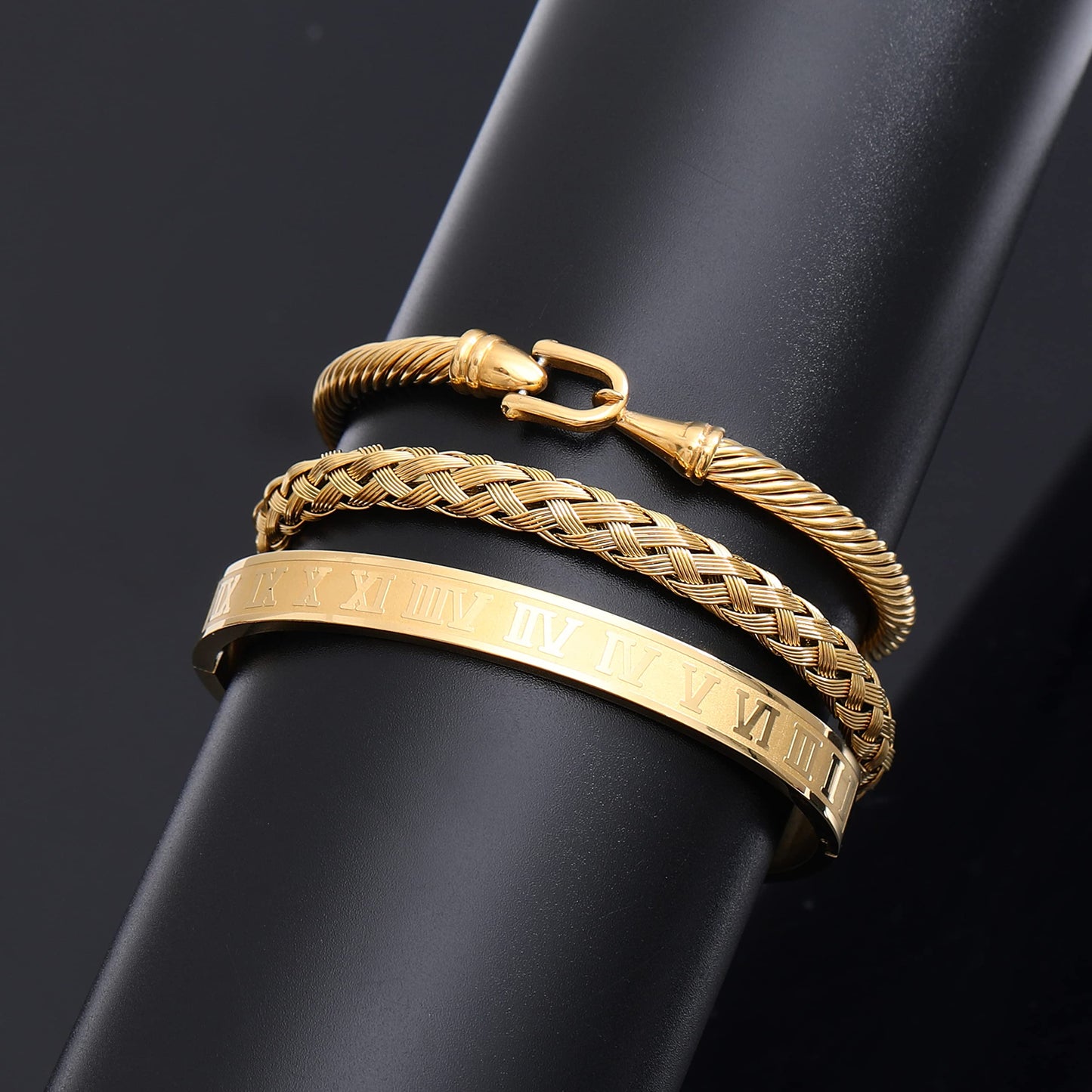 WFYOU 3PCS Stainless Steel Bracelets for Men Gold Roman Numeral Bangle Bracelet Twisted Cable Bracelet Adjustable Cuff Bracelet Mens Luxury Jewelry Bracelets Gifts