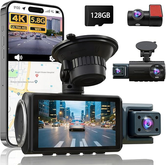 3 Channel Dash Cam Front and Rear, 4K+4K+1080P Car Camera, Free 128GB Card, Built-in GPS, ADAS, 5.8GHz WiFi & APP, Super Night Vision, G-Sensor, Loop Recording, 24H Parking Mode Dash Cam（Black）
