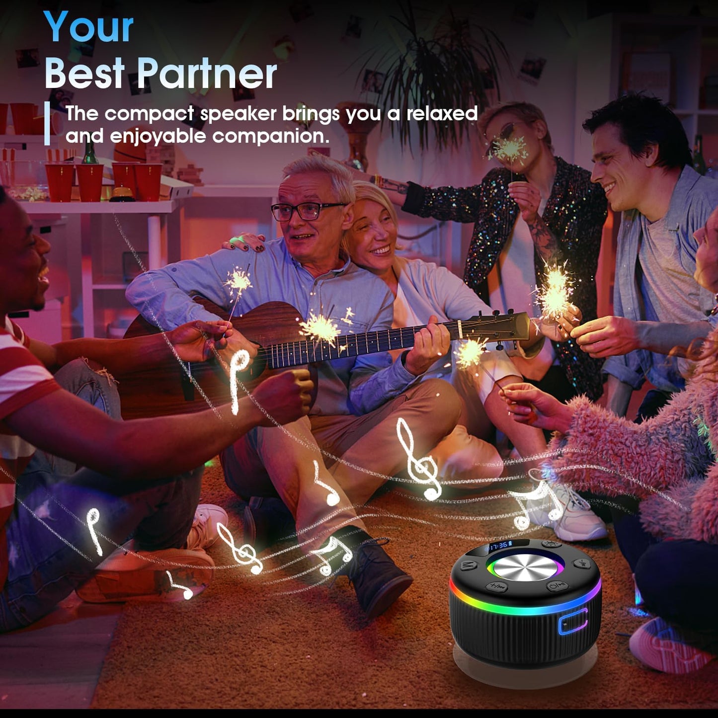 Bluetooth Shower Speaker, IP7 Waterproof Portable Bluetooth 5.3 Speakers with Suction Cup, Mini Wireless Speaker with RGB Lights Time Display, Loud Stereo Sound for Bathroom Beach Travel Outdoor Party