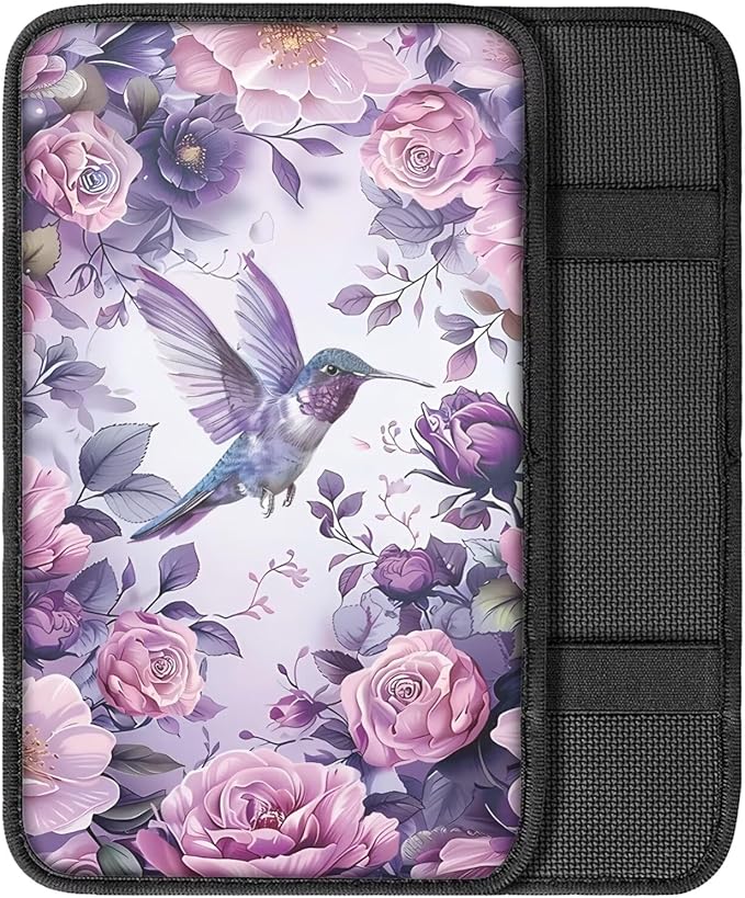 Suobstales Hummingbird Rose Flower Print Car Armrest Pad Soft Center Console Arm Rest Protector Cover Universal Car Interior Accessories Decoration