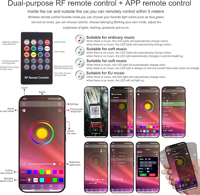 5 Meters Optic Fiber Car Ambient Lighting with Bluetooth App Control + RF Remote Control 64 Colors Multicoloured Music Interior Footwell Lighting Kit DC 12V 1W