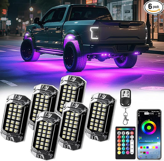 6 Pods Full Angle RGBW LED Rock Lights for Jeep ATV UTV RZR SXS Truck Offroad,Waterproof Multicolor Neon Underglow Kit with APP/RF Remote, 12V Pure White Underbody Lights