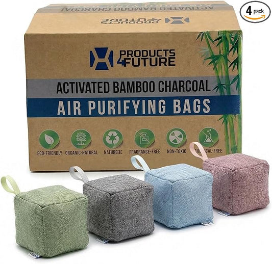 4 pack Naturally Activated Bamboo Charcoal Air Purifying Bags | Natural Home Deodorizer Bag | Charcoal Bag Odor Absorber For Pets | Odor Eliminator & Moisture Absorber Air Freshener Bag (100g Cube)