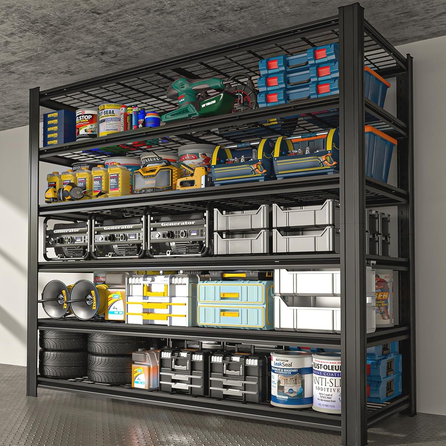 6 Tier Metal Shelving Unit, Adjustable Storage Shelves, 84" H x 55" W x 24" D Heavy Duty Garage Shelves for Warehouse, Basement, Kitchen, Pantry, Living Room, Black (6T 84 * 55 * 24)