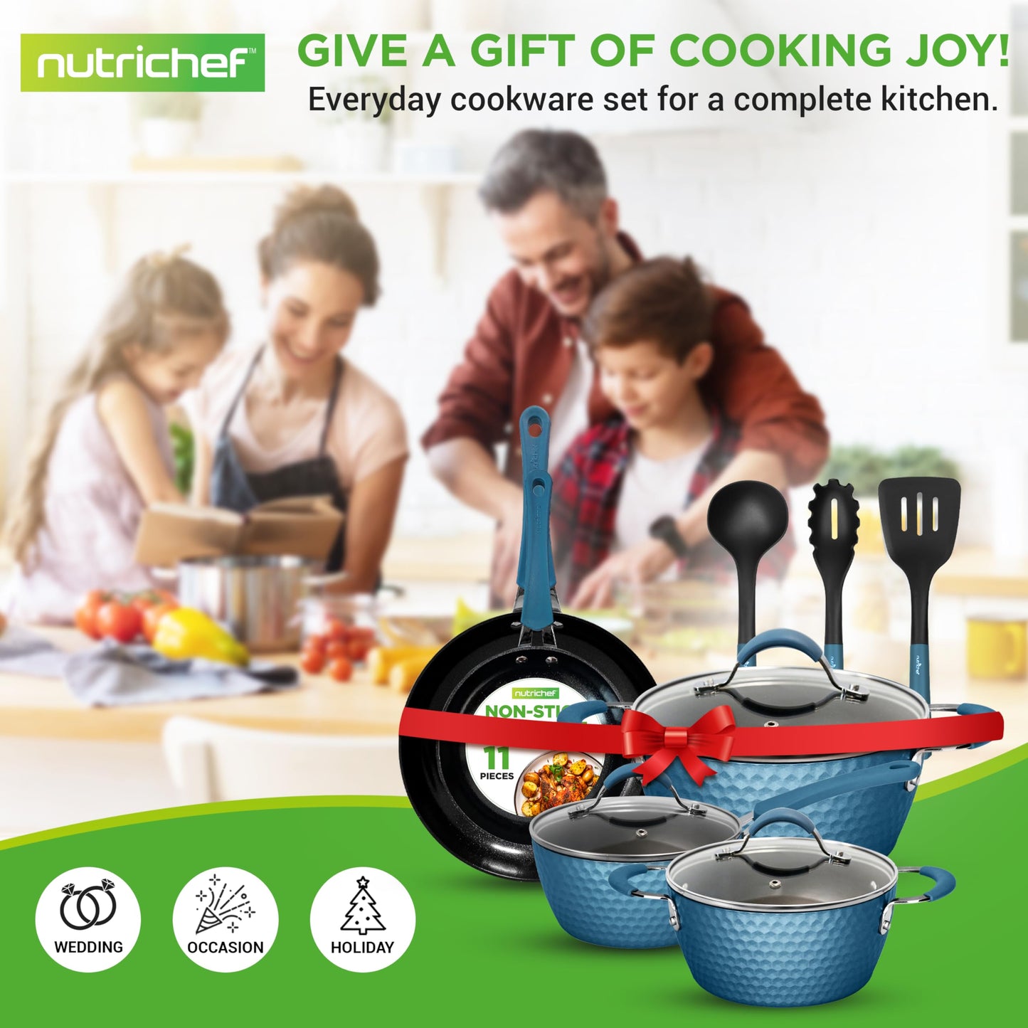 NutriChef 11 Pc Ceramic Cookware Set - Excilon Blue Diamond, Nonstick, Induction Ready, Includes Saucepan, Fry Pans, Dutch Oven, Utensils, Dishwasher Safe - NCCW11BD.7