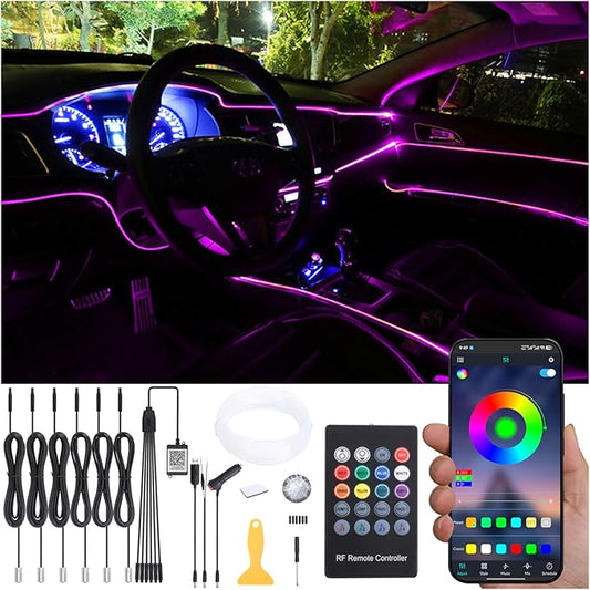 Car Interior Strip Lights, 6 in 1 Multicolor RGB Car Ambient Lighting Kit, 8m Fiber Optic EL Neon Tube Light, DIY Mode Music Sync RF Remote Control + APP Control DC 12V