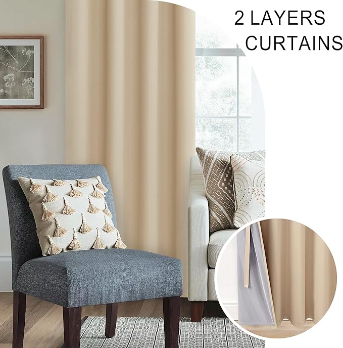 XWZO 100% Blackout Curtain Panels - Thermal Insulated Black Liner Curtains, Noise Reducing and Heat Blocking Drapes for Hall and Studio Windows with Tiebacks, Biscotti Beige, W52 x L63, Set of 2