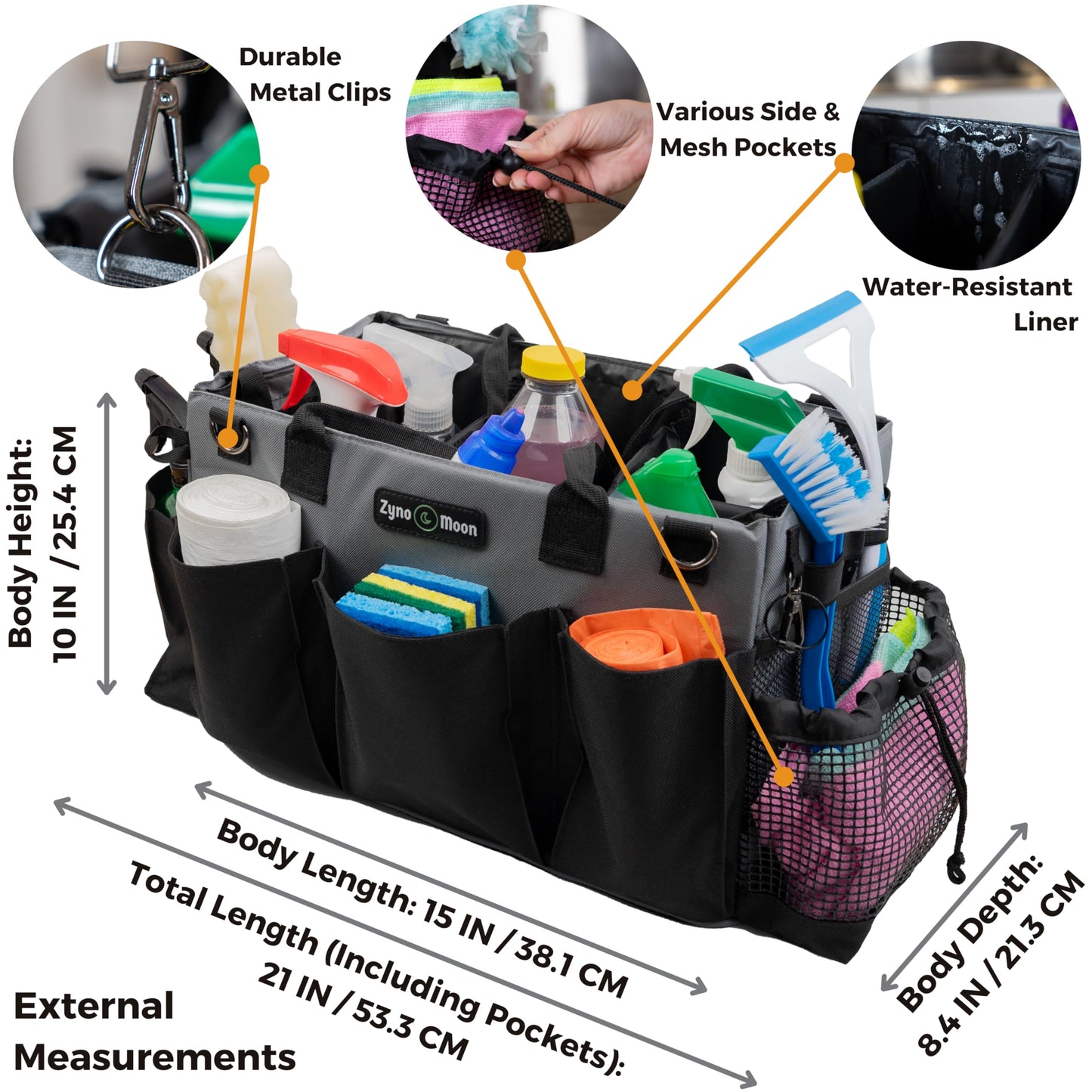Zyno Moon Wearable Cleaning Caddy – Portable Detailing Organizer with Spill-Proof Liner, Straps & Handles – Large Tote for Cleaning Pros, Auto Detailers, and Housekeepers – Black/Gray