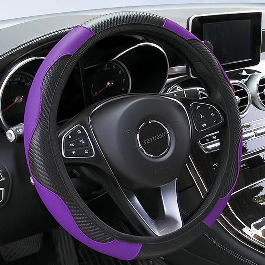Car Steering Wheel Cover, 15 inch Microfiber Leather Carbon Fiber Soft Anti-Slip Breathable, Universal Size Elastic Car Accessory for Most Cars (Purple)