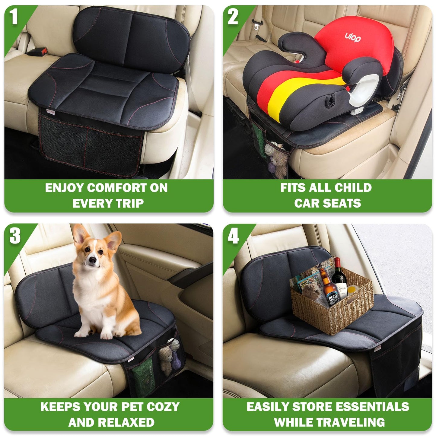 Siivton Kids Booster Seat Protector Mat, Thick, Anti-Slip, Waterproof, with Mesh Pockets for Toys & Snacks, Fits Most Cars, Black - 2 Pack