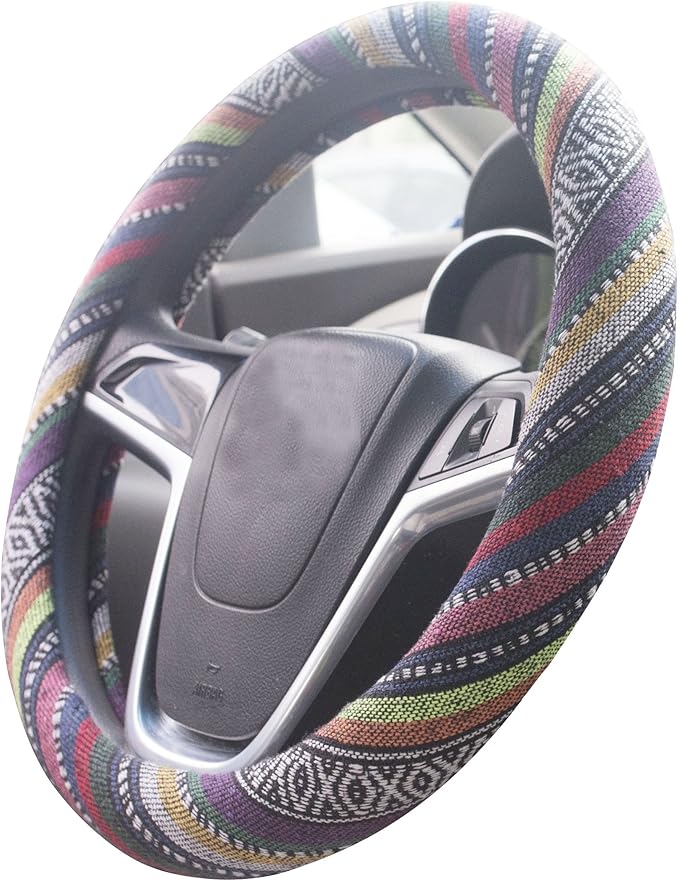 Small Ethnic Style Coarse Flax Cloth Automotive Steering Wheel Cover Anti Slip and Sweat Absorption Auto Car Wrap Cover (14''-14.25, B)