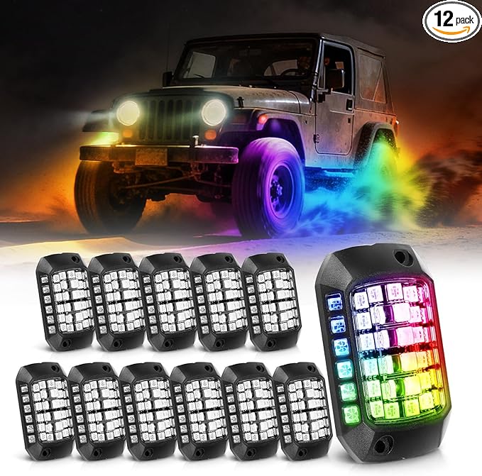 maXpeedingrods Rock Lights with 3D Lens, 12 Pods RGB Underglow Light Kits 432 LEDs, with Remote Control App Music Microphone Mode, Waterproof Wheel Lights for Off-raod Truck SUV Truck RV RZR Boat 12V