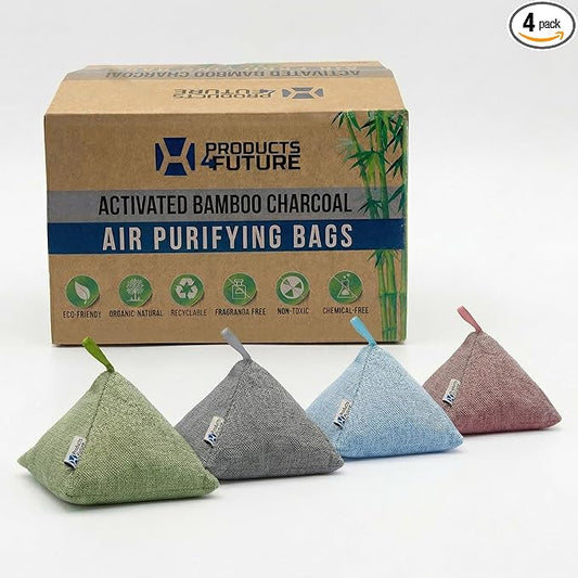 4 pack Naturally Activated Bamboo Charcoal Air Purifying Bags | Natural Home Deodorizer Bag | Charcoal Bag Odor Absorber For Pets | Odor Eliminator & Moisture Absorber Air Freshener Bag (100g Pyramid)