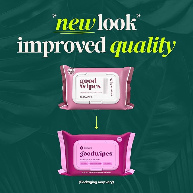 goodwipes Flushable Butt Wipes - Vitamin E & Aloe - Sewer & Septic Safe - Extra Large Adult Wet Wipes For Women & Men - Bathroom Essentials - Rosewater, 318 Count (6 Packs + 1 Travel)