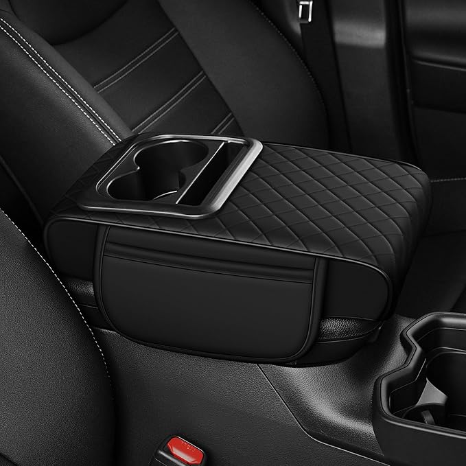 Center Console Cover Fit for Kia Soul 2010-2025 with 2 Storage Bags Waterproof Leather Quilted Pattern Car Armrest Cover Cushion Elevating Pad Anti-Slip(Black)