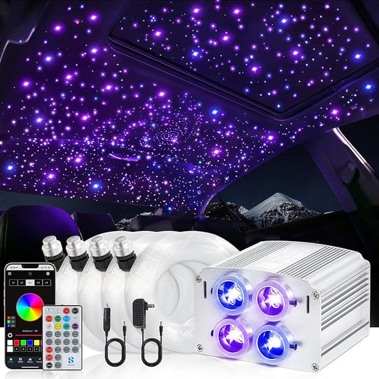 4 Colors 32W Twinkle Car Starlight Headliner Kit 700pcs*0.03in*13.1ft with APP&RF Remote,RGBW Fiber Optic Strands Star Roof Lights,4 Port Engine Sound Activated Ceiling Star Lights for Home/Car Decor