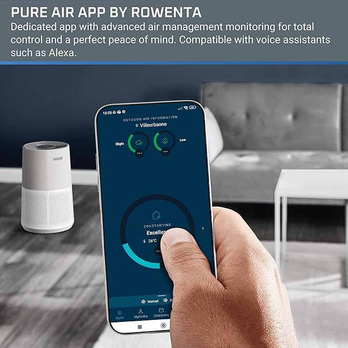Rowenta Pure Air City Air Purifier 876 Square Foot Room Dust Pet Dander Smoke Mold Pollen Bacteria Virus Allergen, Odor Removal, for Home Office Nursery, HEPA Filter PU2840