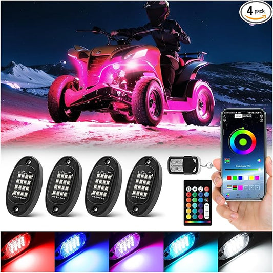 4 Pods Segmented RGB LED Rock Lights for ATV Golf Cart RZR SXS UTV Truck Pickup, Waterproof Multicolor Underglow Kit with APP/RF Remote Multi Zone Control Sync Music Mode Neon Underbody Lights 12V