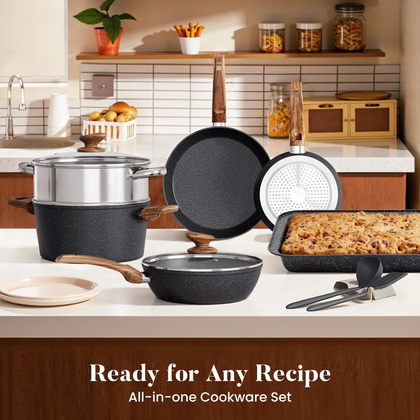 Kitchen Academy 30Pcs Pots and Pans Set Non Stick - Induction Black Cooware Set, Nonstick Granite Cookware and Bakeware Sets, PFOA&PFOS-Free, Non Toxic Healthy Kitchen Cooking Pans Set